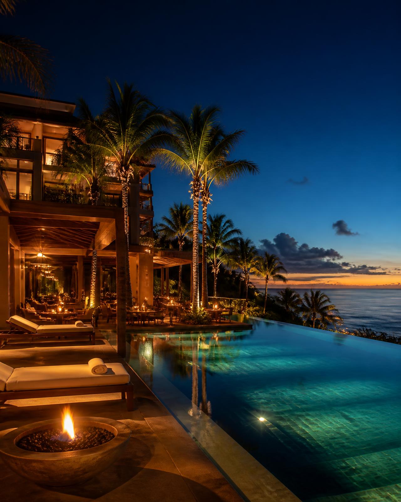 Conceptual visual of the $RESORT infinity pool at dusk
